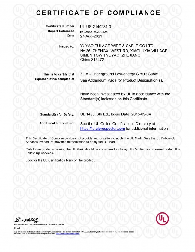 ZLIA - Underground Low-energy Circuit Cable - UL certificate